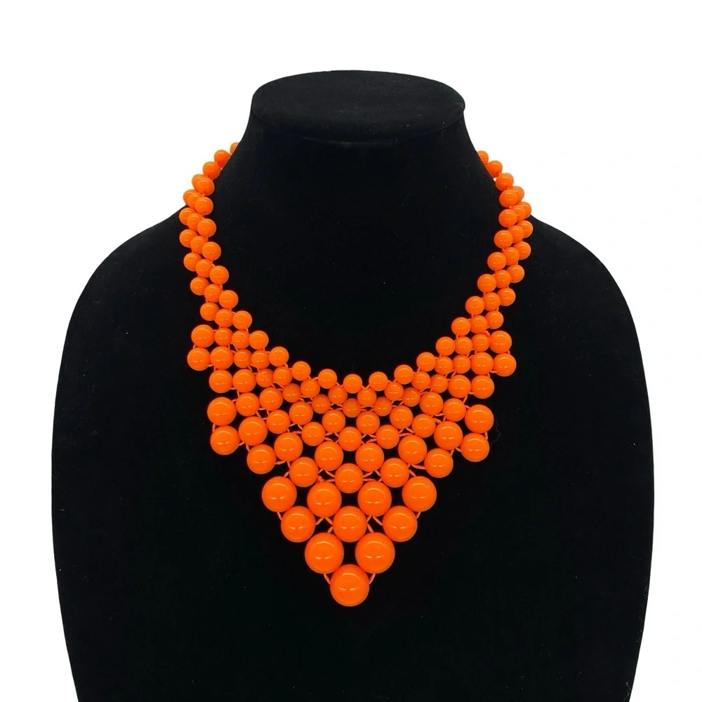 Amrita Singh Orange Beaded Bib Statement Necklace Retro Mod